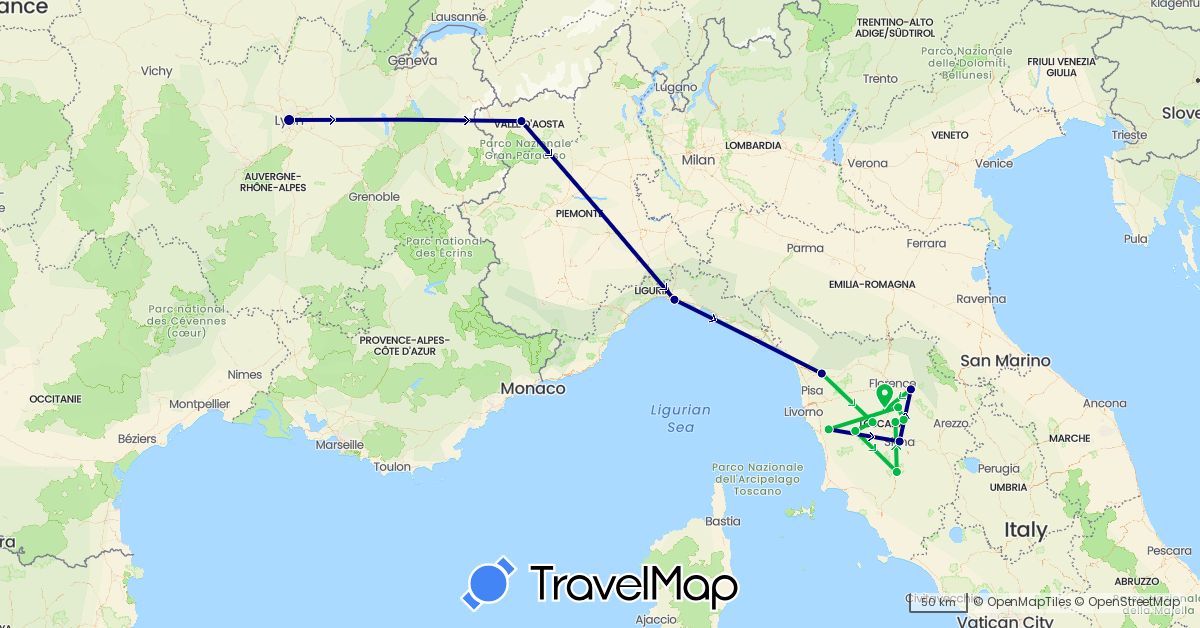 TravelMap itinerary: driving, bus in France, Italy (Europe)